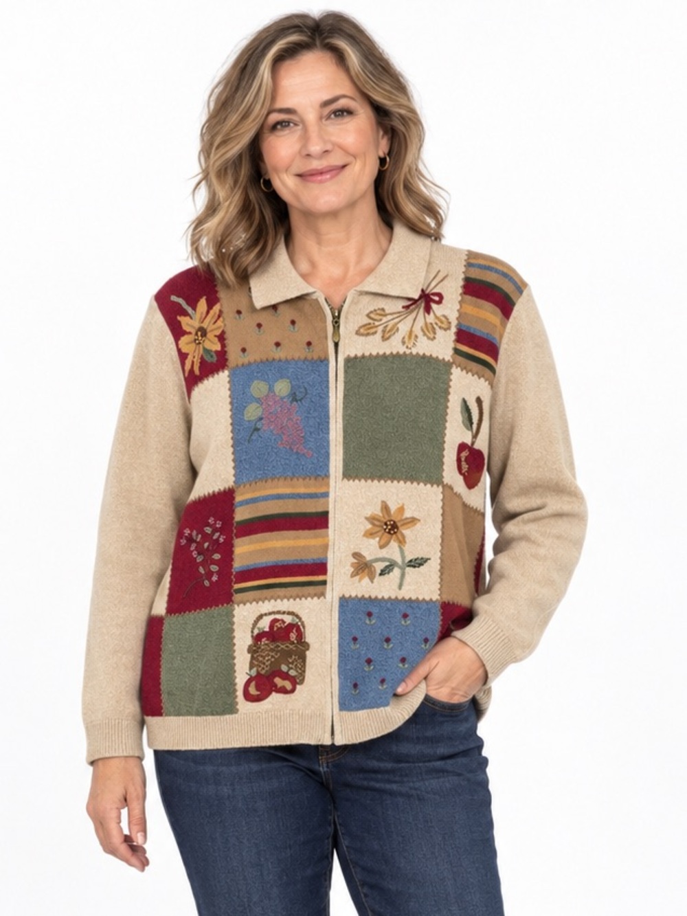 Alfred Dunner Apple Patchwork Embroidered Zip Cardigan XL